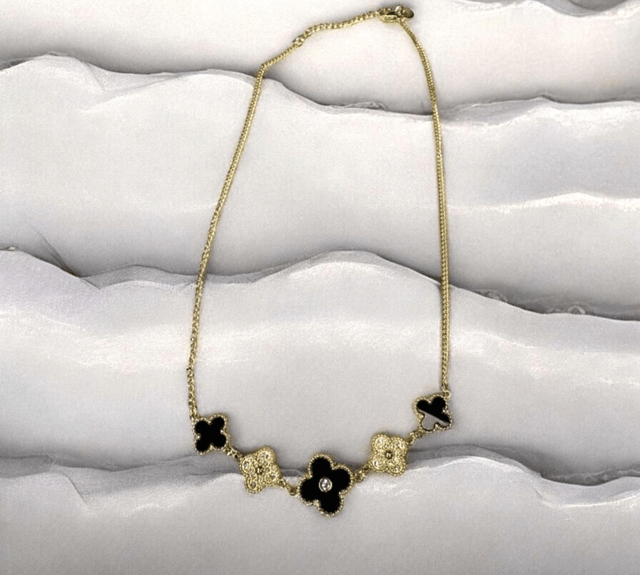 ✨️COLLIER ACIER INOXYDABLE TRÈFLE NOIR ET DORÉ STRASS

