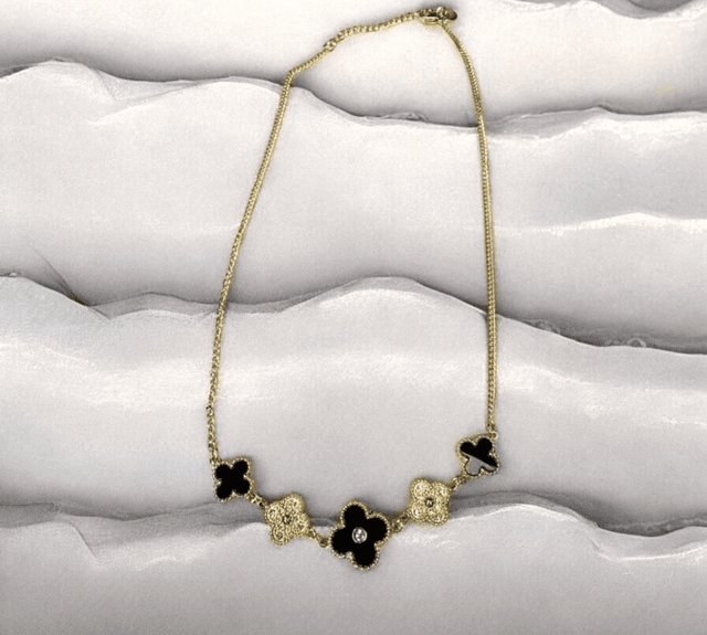 ✨️COLLIER ACIER INOXYDABLE TRÈFLE NOIR ET DORÉ STRASS

