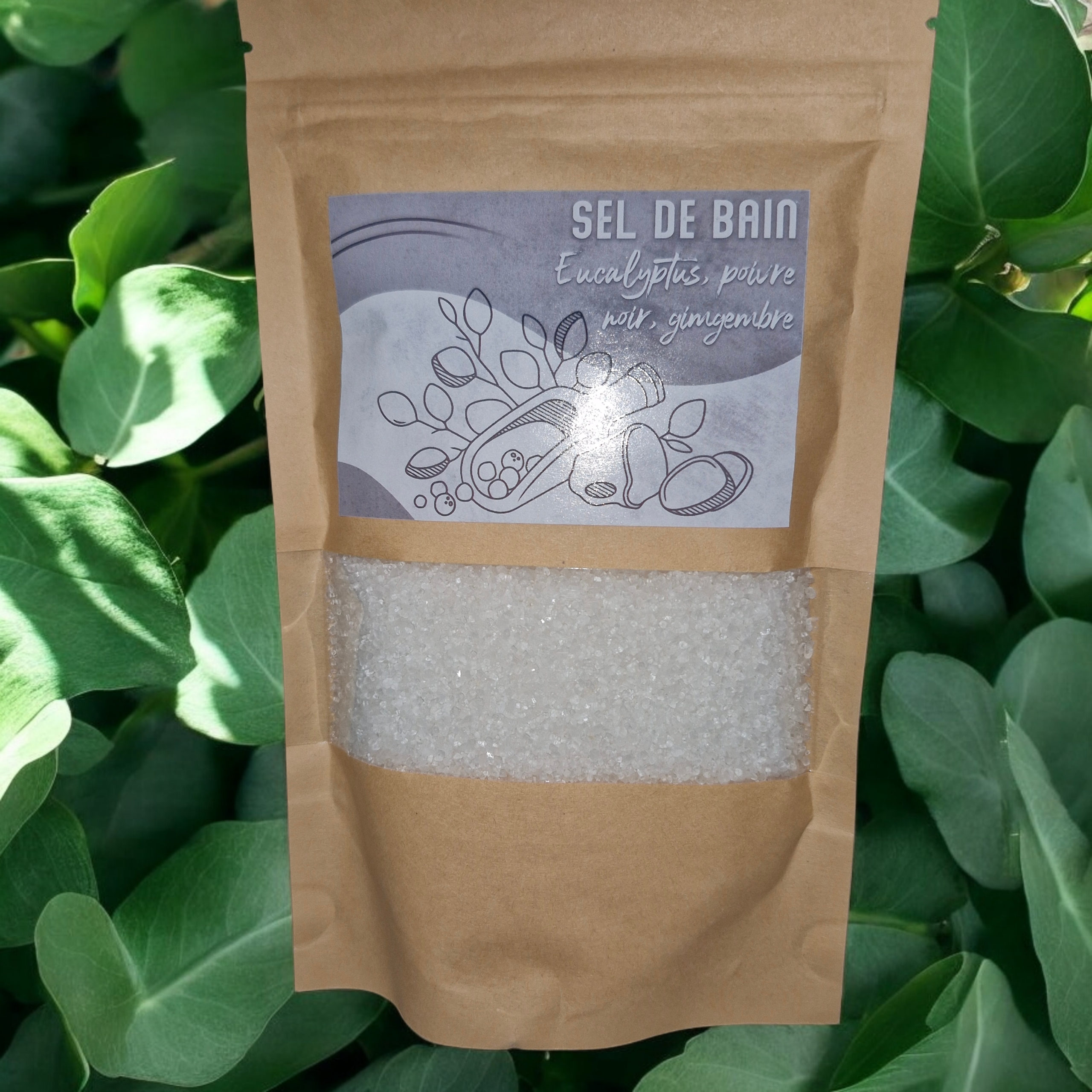 Sel de bain aux huiles essentielles d'eucalyptus,gingembre et poivre noir